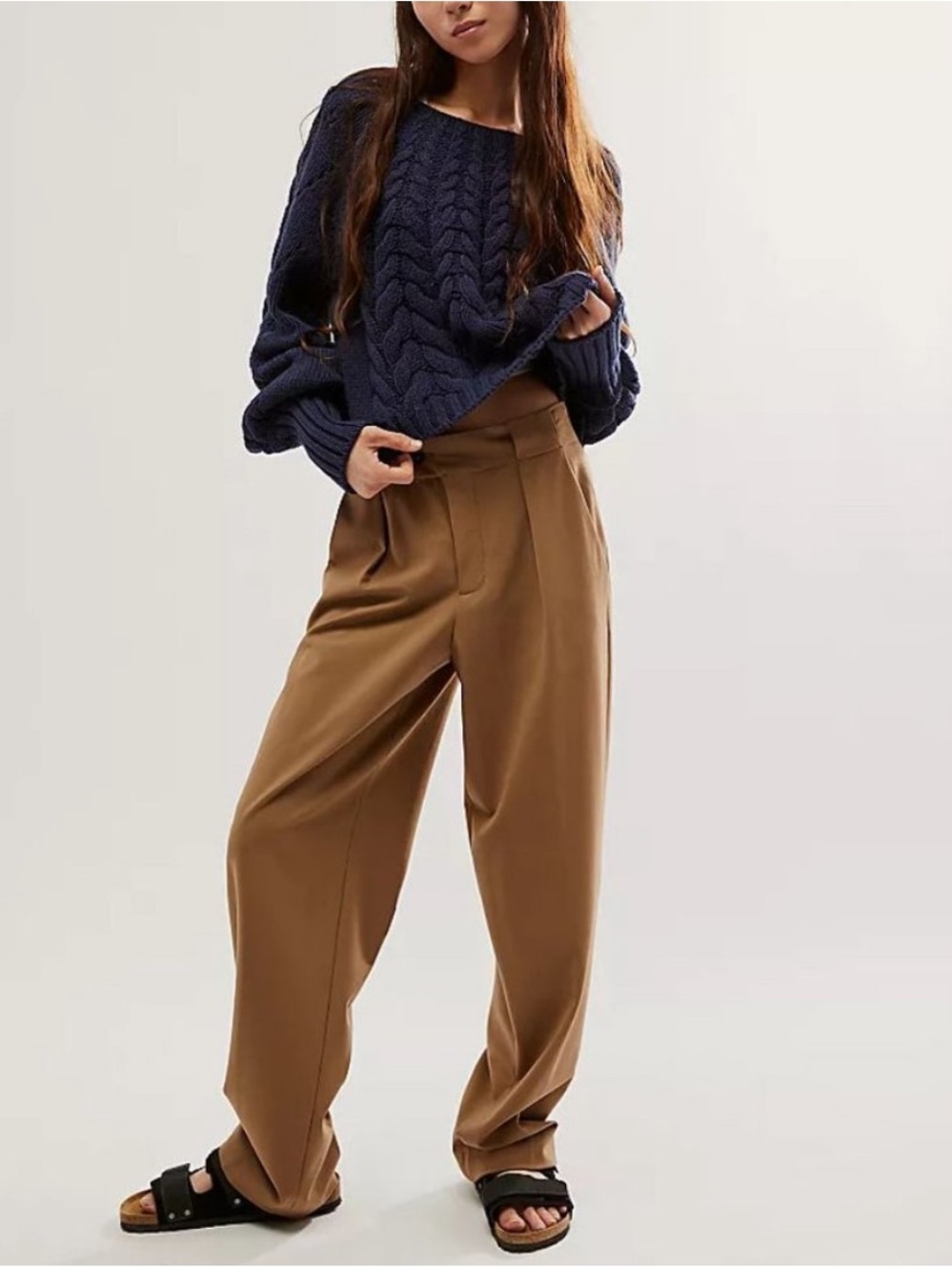 Free People Navy Pointelle and Cable Knit Sweater with Blouson Sleeves - Picture 3 of 13
